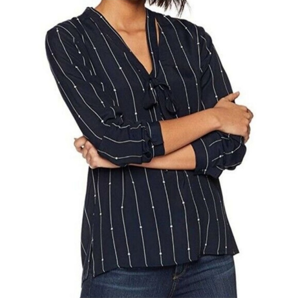 Rails Navy Blue Rhea Striped Stars Tie Neck Blouse